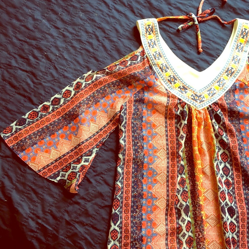 Tribal patterned blouse with cold shoulders